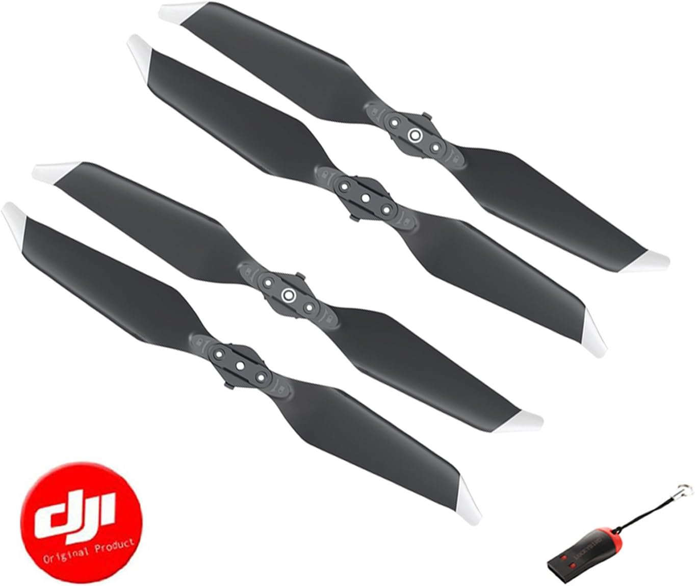 DJI Genuine 2Pairs Mavic Low-Noise Quick-Release Propellers Silver(8331), with Luckybird USB Reader