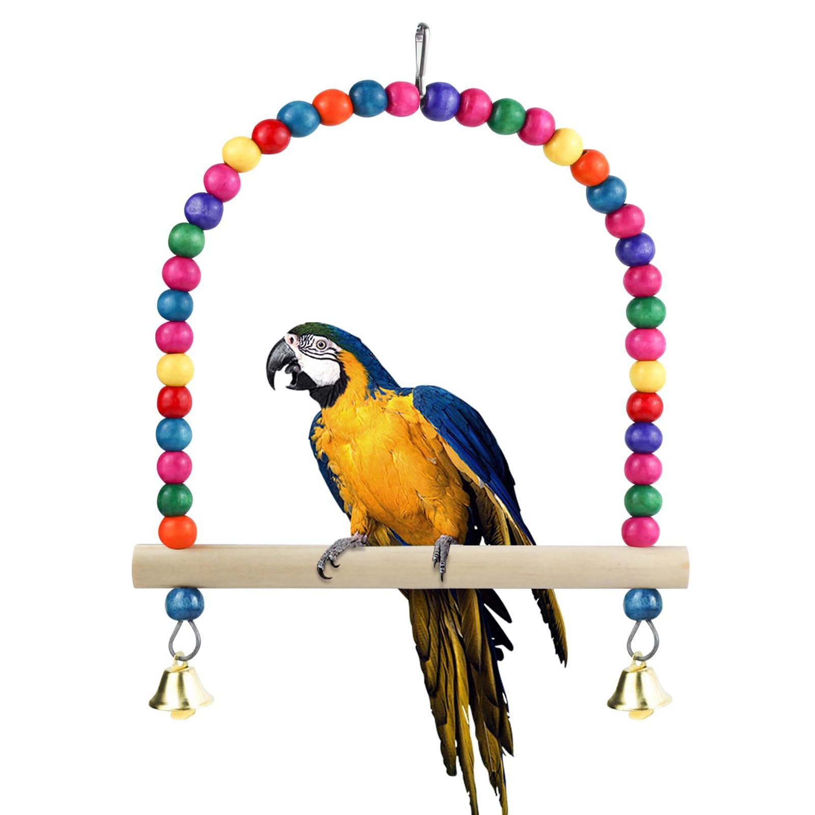 Natural Wooden Bird Swing With Bell, Colorful Parrot Cage Hanging Toy, Perch Stand Boredom Breaker for Budgie, Parakeet, Cockatiel (L)