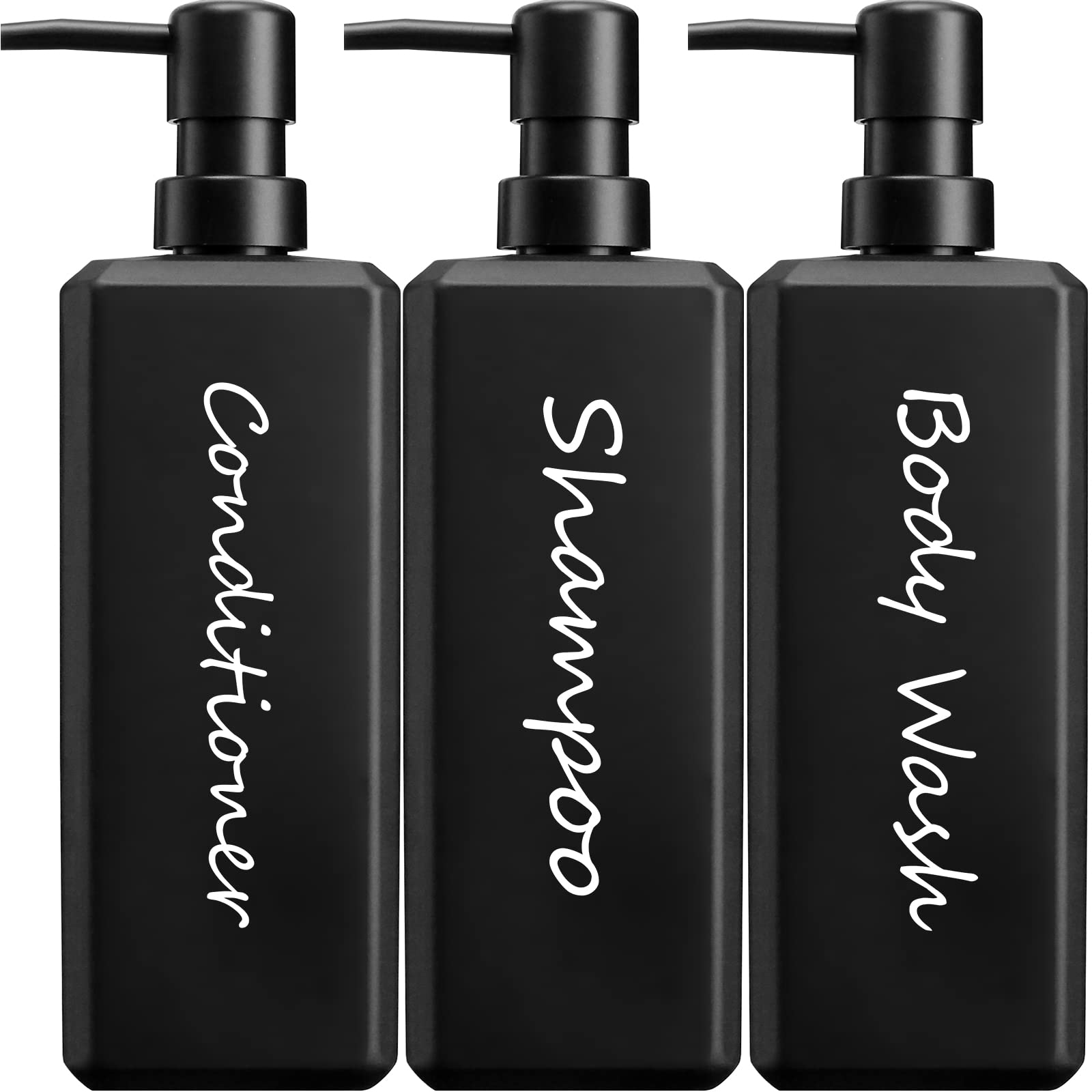 GMISUN Shampoo and Conditioner Dispenser, 17 Fl oz / 500ml Square Shower Gel Dispenser, Refillable Shampoo Bottles, Bathroom Plastic Black Shower Soap Dispensers, Modern Pump Bottle Dispensers 3 Pack