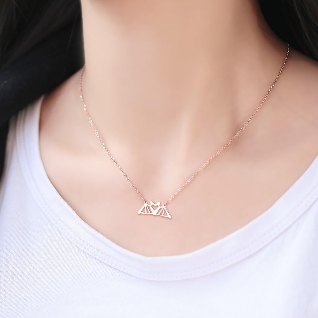 HANFLY Bat Pendant Necklace Love Heart Bat Jewelry for Women Origami jewelry 16.5"+1.5" Extender, Rose Gold - Image 4