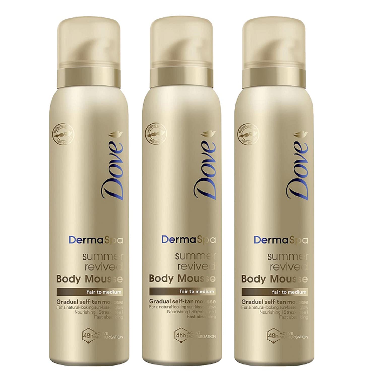 3 Pack of Dove DermaSpa Summer Revived 48 hours Active Moisturisation Fair to Medium Body Mousse 150ml