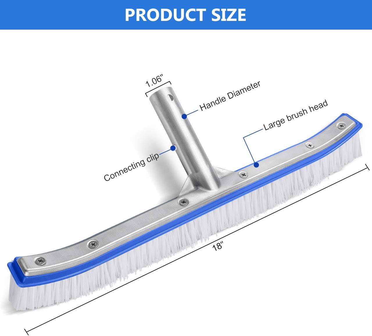 Aiglam Pool Brush, Swimming Pool Wall & Tile Brush 18" Aluminium Swimming Pool Cleaning Pole Brush Head Replacement Brush with EZ Clip & Nylon Bristles for Walls Tiles Floors(Pole not Included): Kitchen & Dining