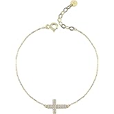 MIONZA 14K Gold Plated Sideways Cross Bracelet for Women, Dainty Adjustable Christian Bracelet, Yellow Gold, Pearl, CZ Jewelry, Baptism & Christmas Gift for Her