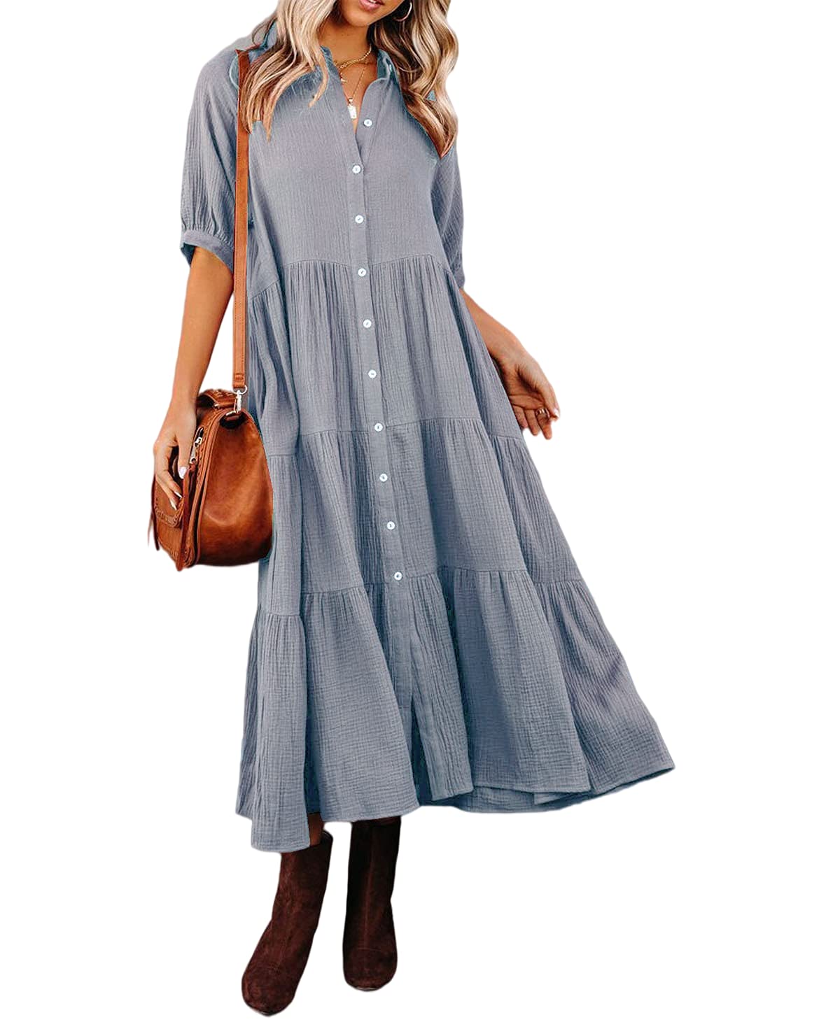 Photo 1 of R.Vivimos Women's Summer Cotton Half Sleeves Button Down Casual Loose Slit Midi Dress with Pockets (Small, Gray)