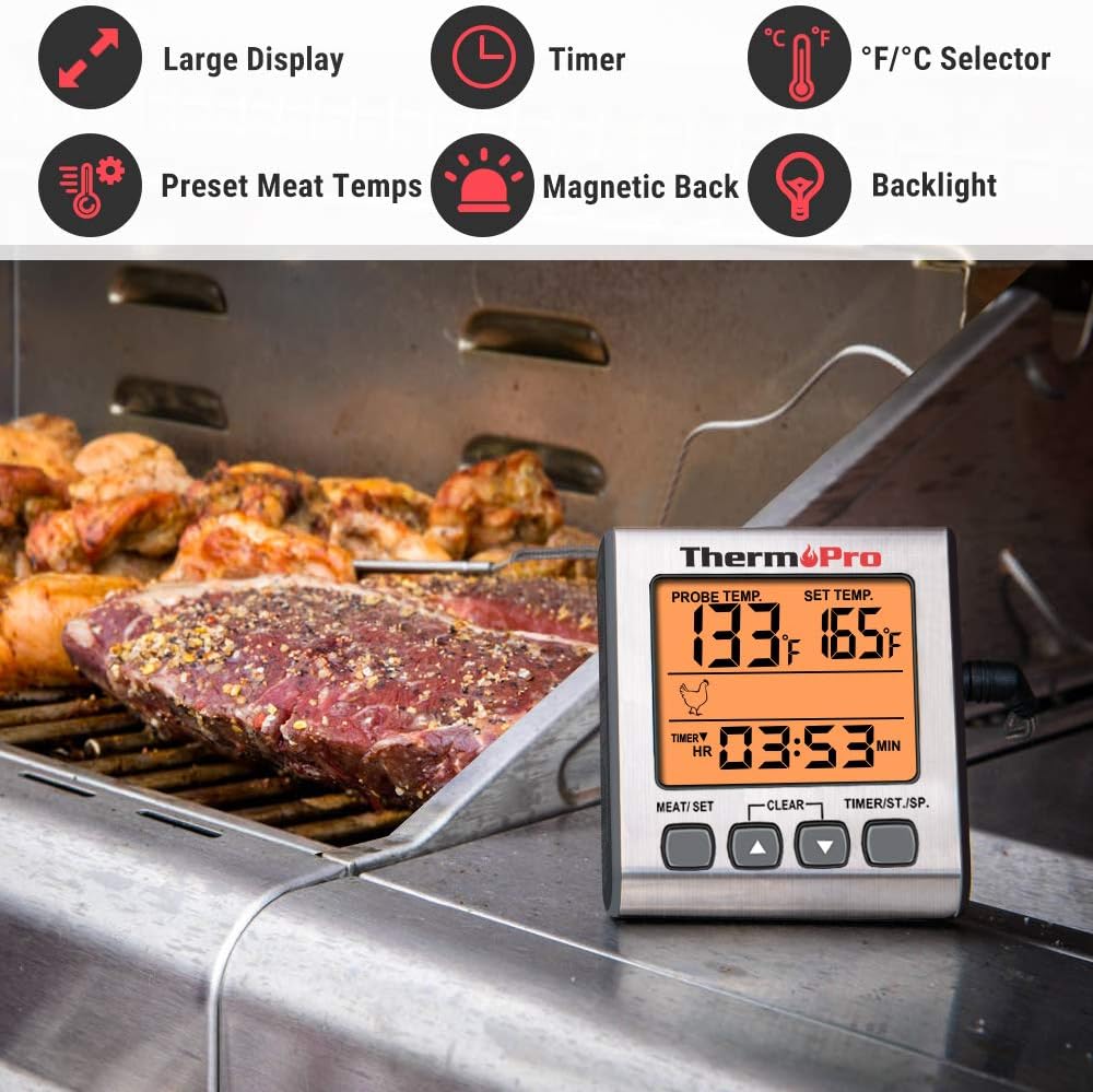 ThermoPro TP-16S Digital Meat Thermometer Smoker Candy Food BBQ Cooking Thermometer for Grilling Oven Deep Fry with Smart Kitchen Timer Mode and Backlight: Kitchen & Dining