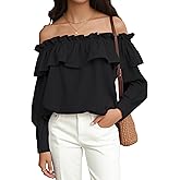 Prettywear Women's Sexy Off Shoulder Tops Long Sleeve Ruffle Blouse Flowy Going Out Shirt Oversized