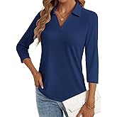 LYHIPSS 3/4 Length Sleeve Womens Tops Dressy Casual V Neck Polo Shirts Business Work Blouses 2025 Trendy Tunic Top
