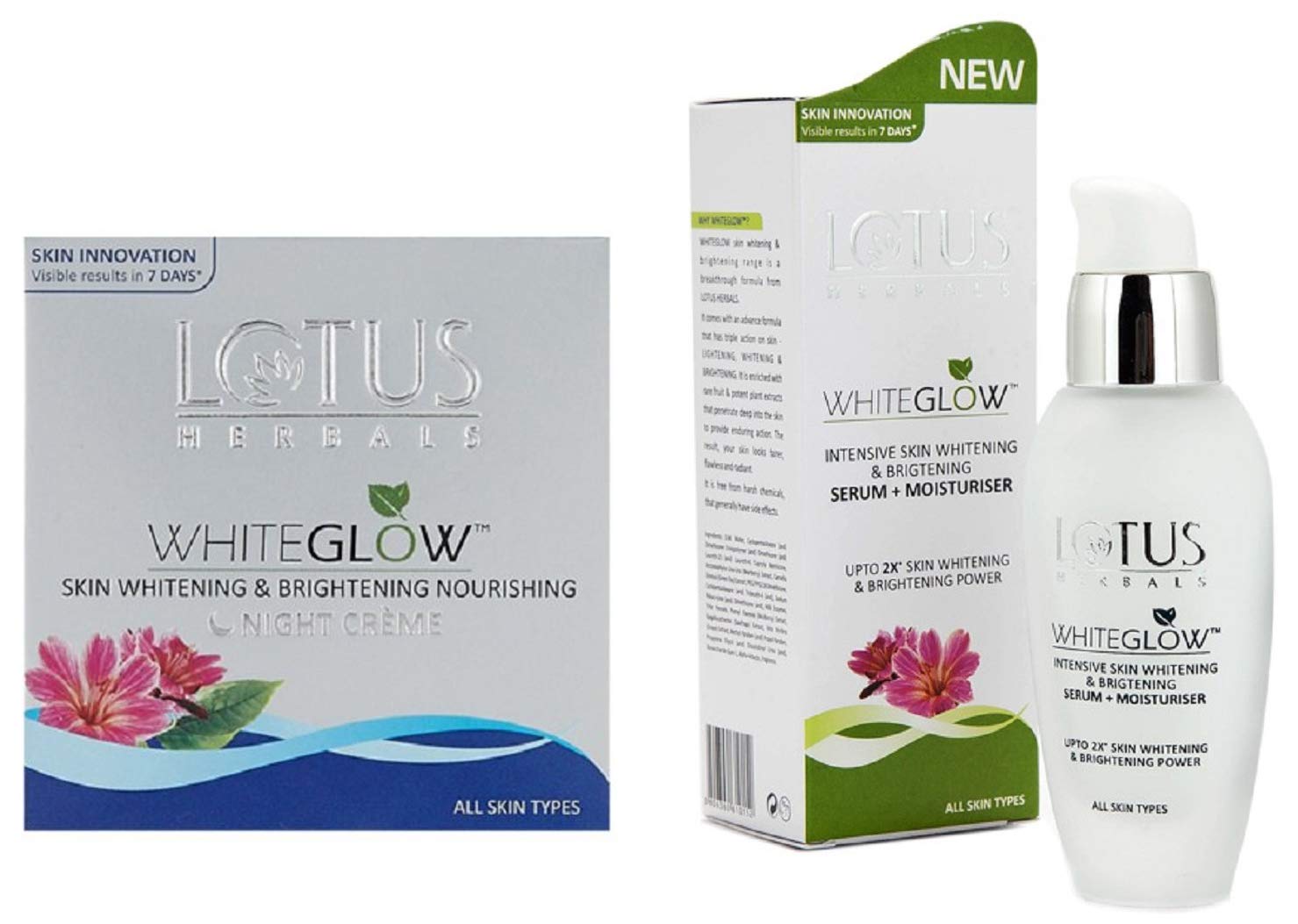 Lotus Herbals White Glow Skin Whitening and Brightening Nourishing Night Creme | 60g And Lotus Herbals White Glow Intensive Skin Serum+ Moisturiser, 30ml