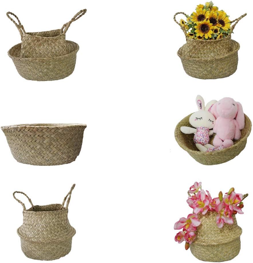 YEGO CrayLove L Hand-made Seagrass Belly Basket for Gardening, Launtry, Flower Stands, Flower Pot, Storage Baskets (L (Φ29cmxH32cmxW36cm))