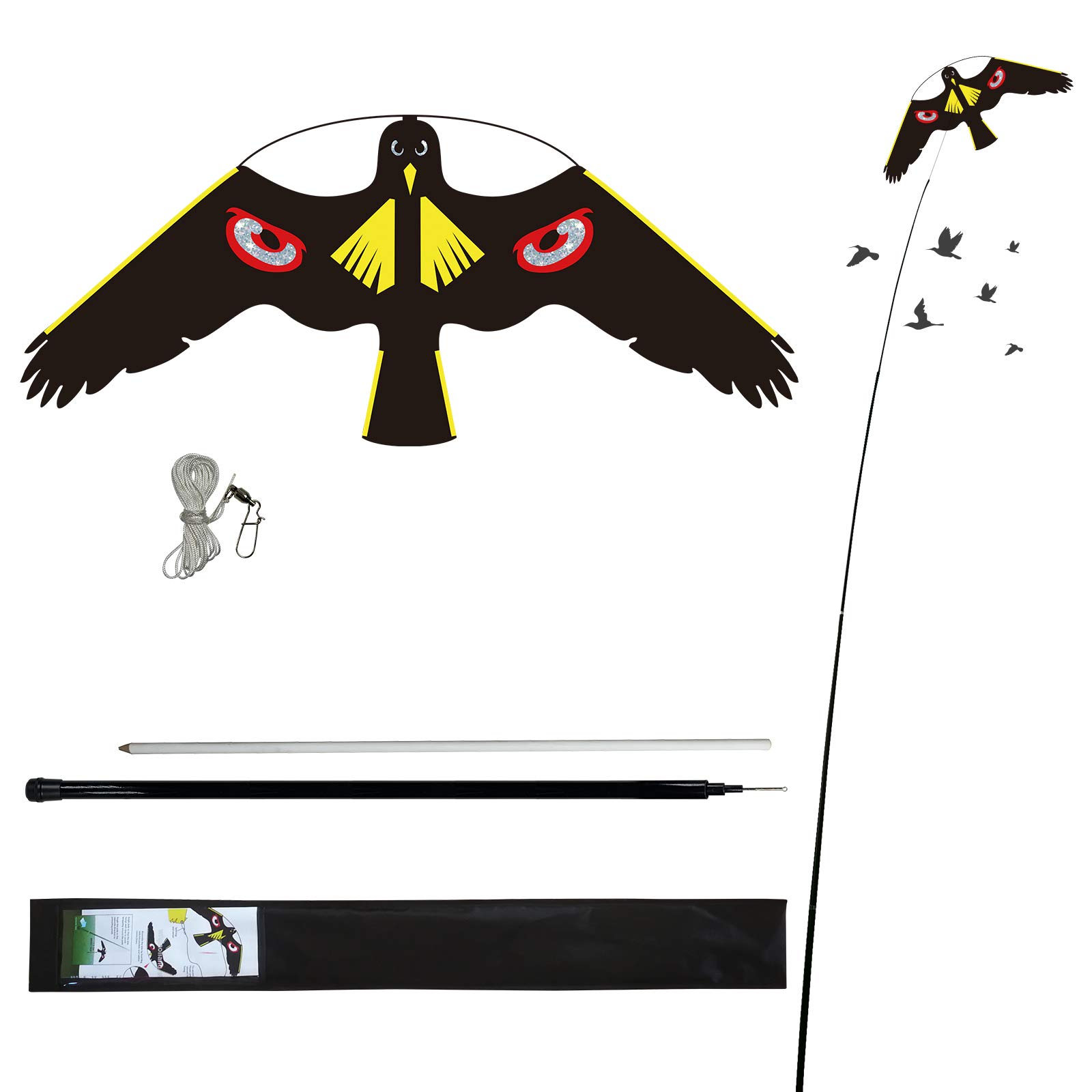 Laptony Bird Scarer Flying Kite Crops Farm Protector Bird Hawk Flying Kite with 4m Telescopic Pole