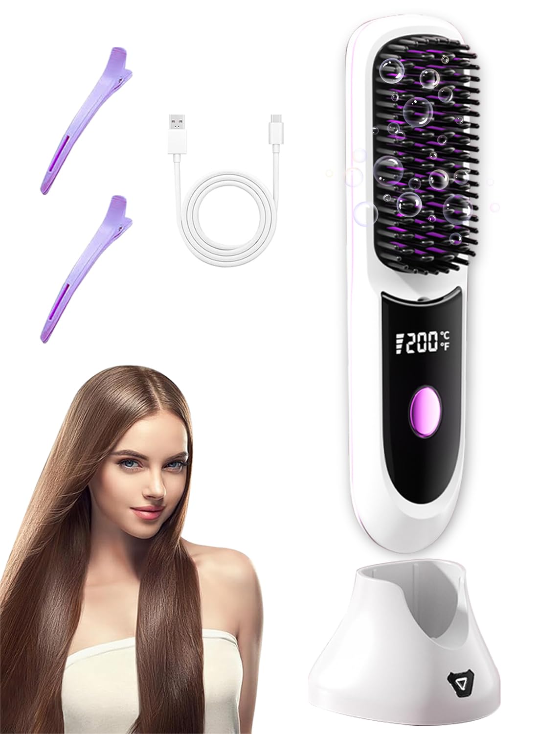 Photo 1 of Go Brush Pro Hair Straightener – Cordless Comb with Negative Ion, 7400mAh Fast Heating & Portable Travel Design, Rechargeable Brush for Straightening and Curling (White-1Pcs)