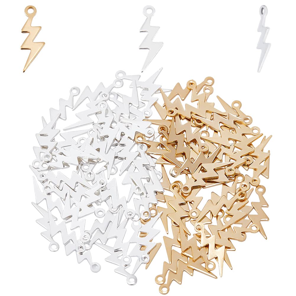 HOBBIESAY 100Pcs 2 Colors Real 24k Gold Plated Lightning Charms Golden and Silver Pendants Charm Brass Flash Shape Dangle Charms for Jewelry Making Earrings Bracelets Necklaces Craft DIY Hole 1mm
