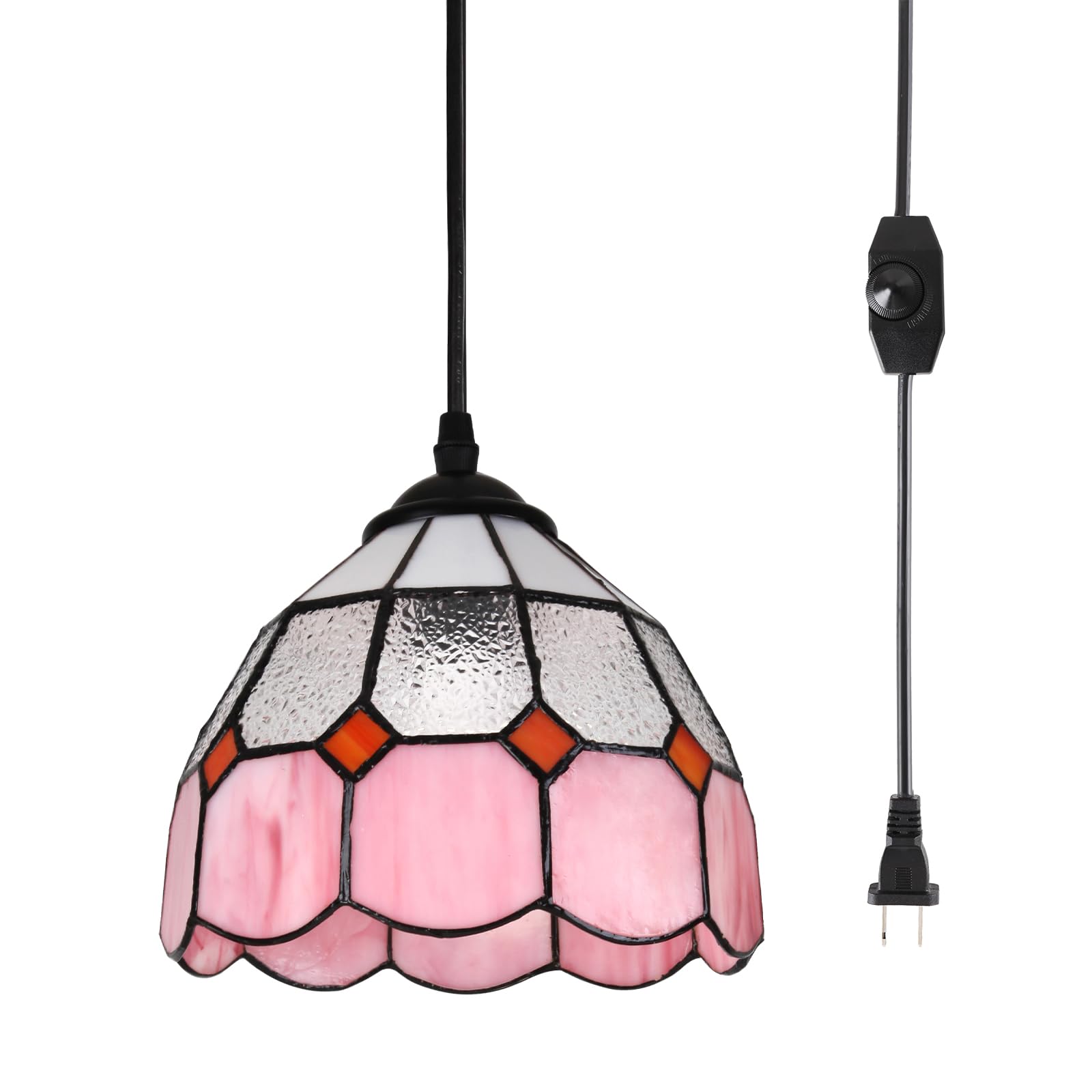 Photo 1 of HuisMier Tiffany Hanging Pendant Light, Dimmable Pink Mini Plug in Light Fixture with 15 Ft Hanging Cord, Stained Glass Hanging Lamp for Bedroom Kitchen Dining Room Office, 7.9" Width