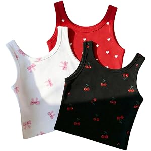 SOLY HUX Girl's 3 Pack Tank Tops Cute Print Sleeveless Crew Neck Fitted Y2k Summer Crop Top