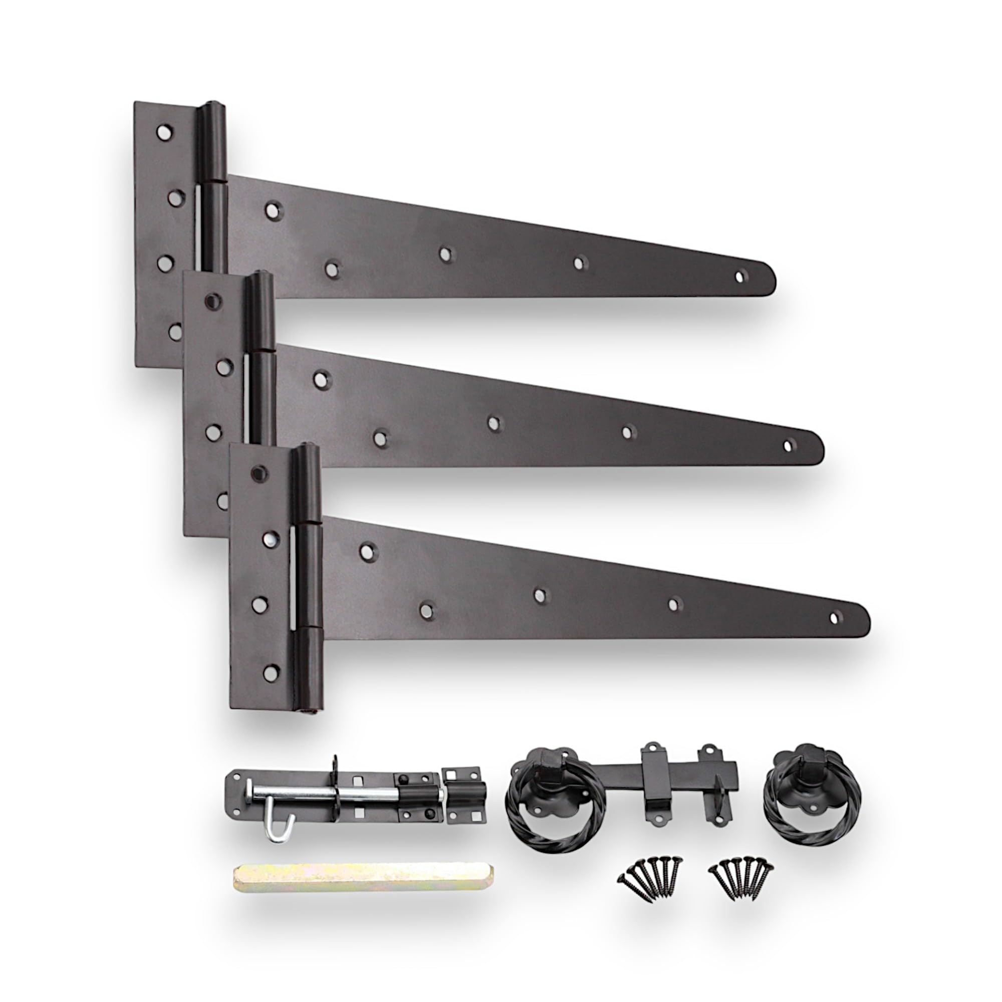Infinity Decor Epoxy Black 14” Tee Hinges (3) with Twisted Ring Gate Latch and Brenton Bolt Pack – Ideal for Garden Gate Fitting Kit for Barn, Shed Doors
