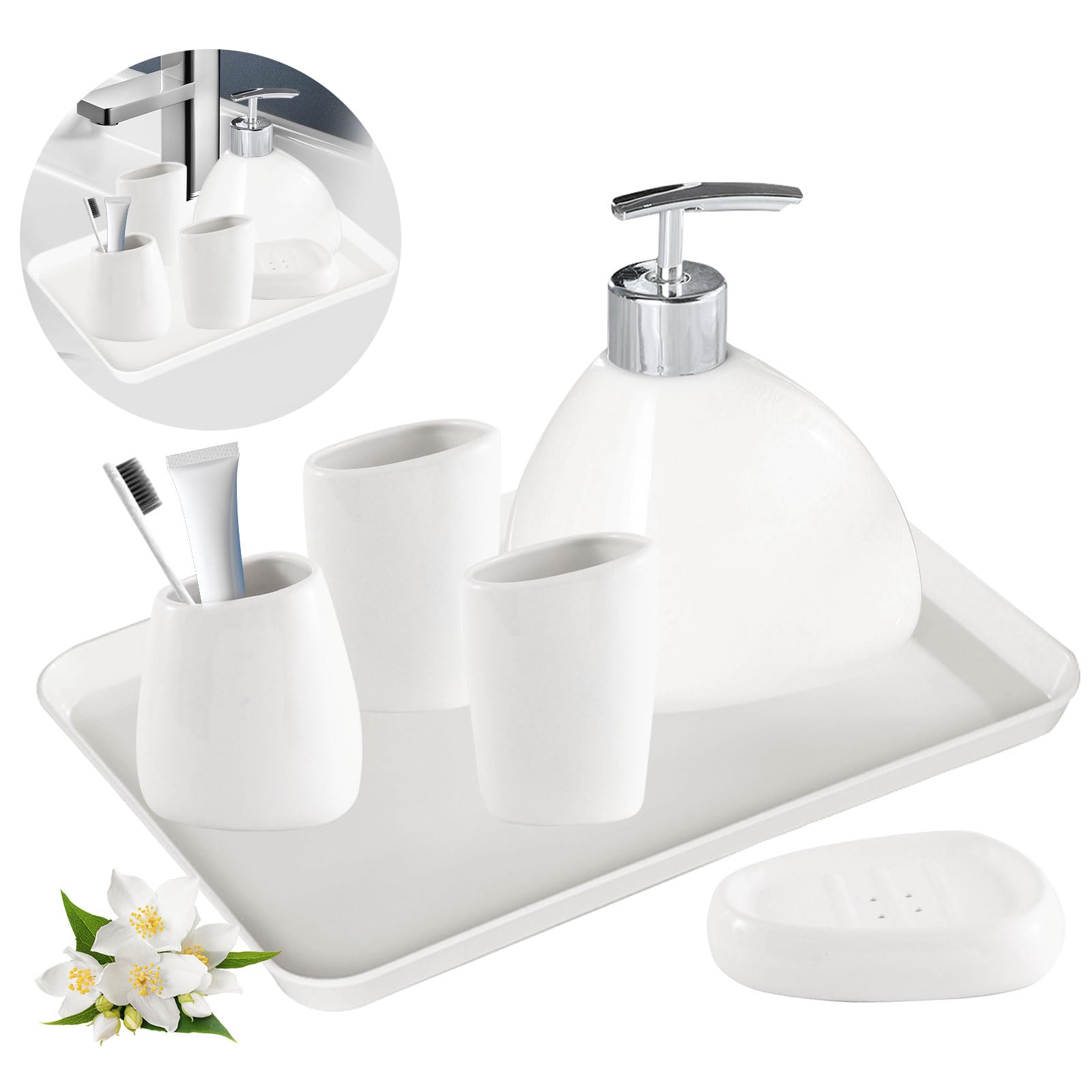 Bathroom Accessories Set - 6Pcs Ceramics Bathroom Set, 2 Mouthwash Cup, Toothbrush Holder, Soap Dish, Soap Dispenser Pump, Tray, Elegant Bathroom Set, Decor Organizer Ornaments