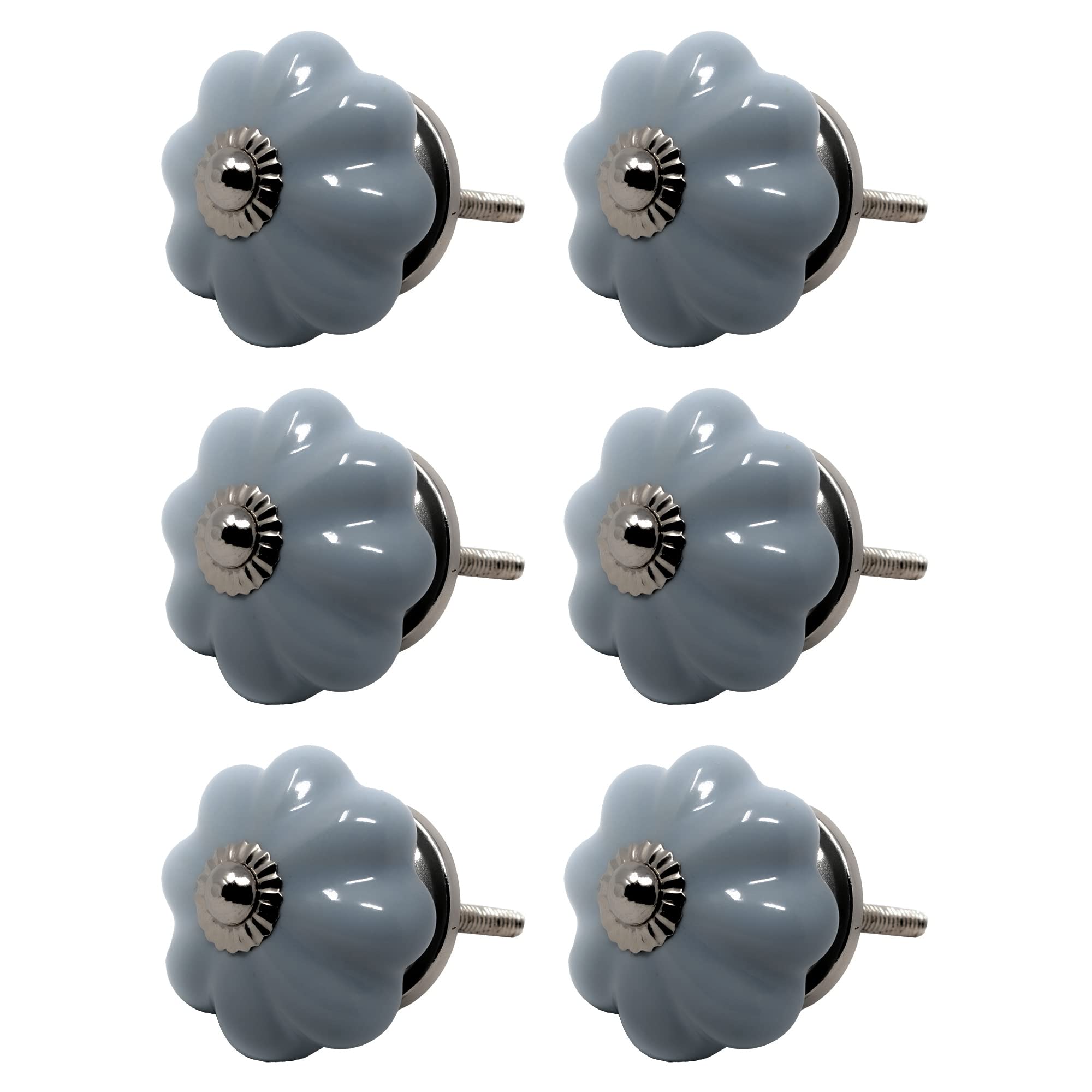 ETHNICITI Pack of 6 Pumpkin Shaped Grey Ceramic Knobs 40mm Vintage Shabby Chic, Wardrobe Cabinet Cupboard Drawer Interior Furniture Pulls Handles Bedroom Dresser Lounge Kitchen