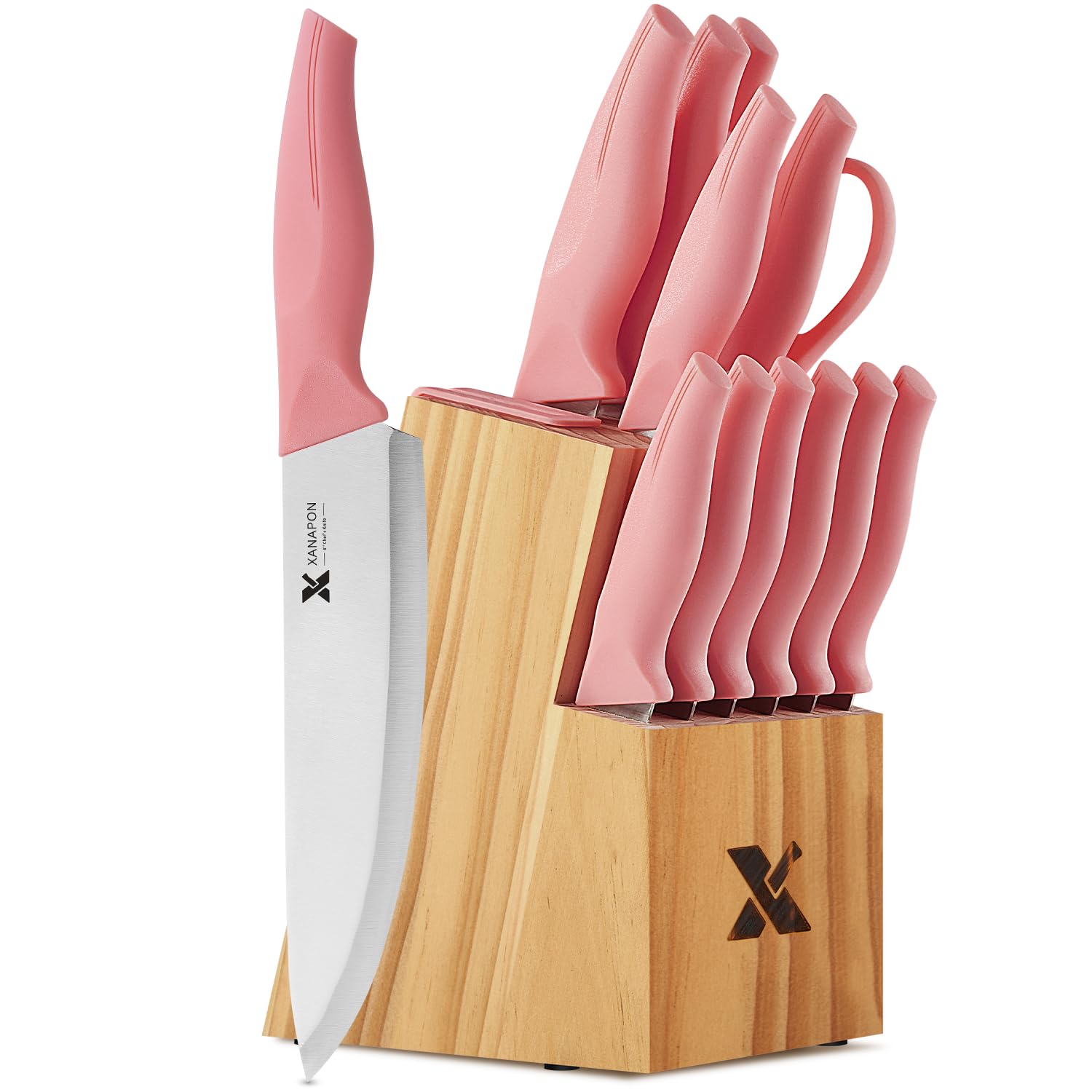 XANAPON 14-Piece Kitchen Knife Set with Block, High Carbon Stainless Steel Sharp Chef Knives with Built-in Sharpener, Ergonomic Handles, Professional Cutlery for Home Cooking & Gifts, Pink Image