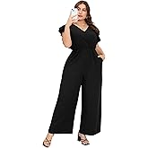 ShopWonder Women Plus Size Jumpsuit Wrap V Neck Ruffle Short Sleeves High Waist Wide Leg Romper Pants