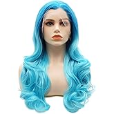 LUSHY BEAUTY Hair Synthetic Lace Front Wig Wavy Long 24inch Blue Root Light Blue Ombre Heavy Density Heat Resistant Realistic Wig