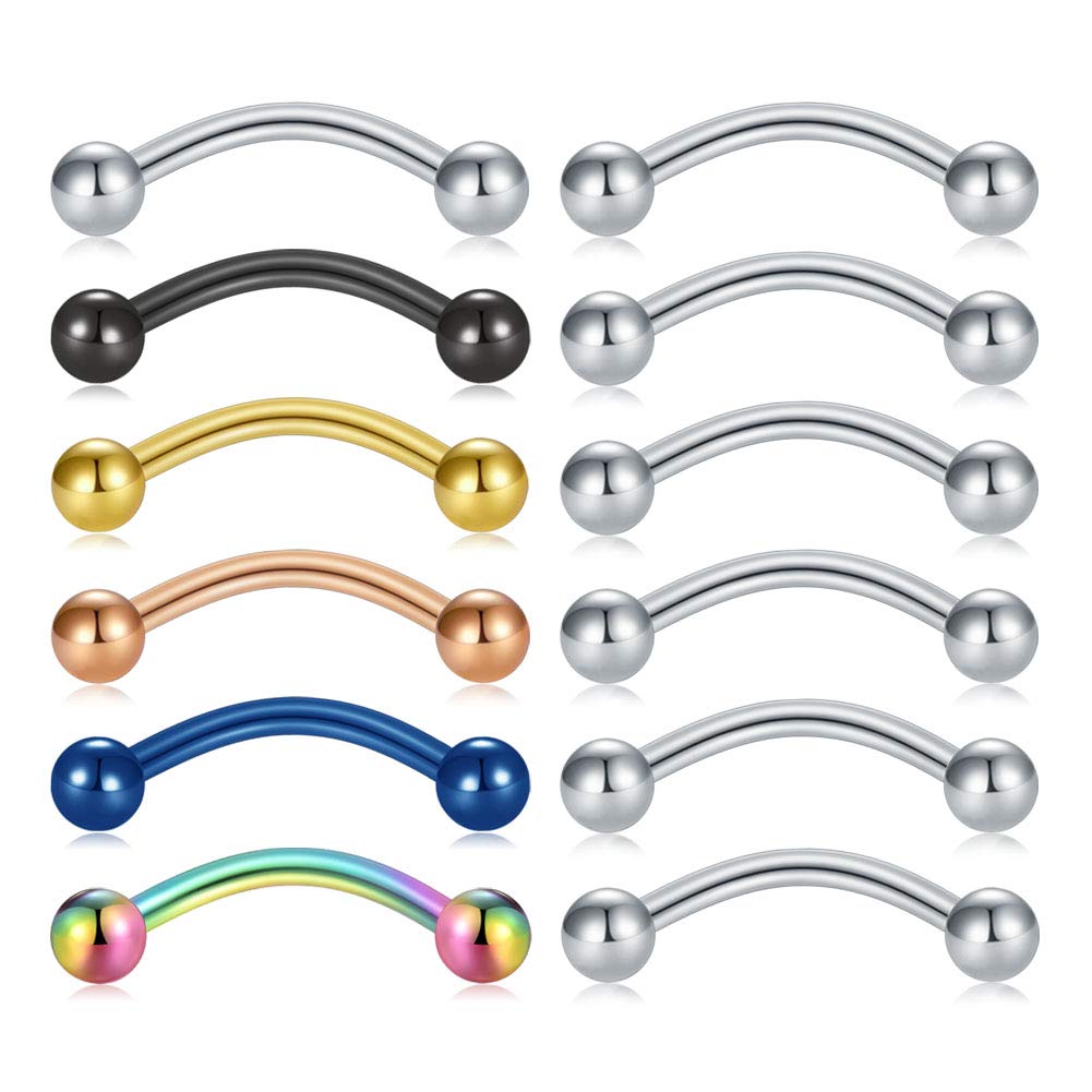 Briana Williams 12pcs Eyebrow Nose Lip Tragus Helix Daith Rook Piercing Bars 8mm 16G Stainless Steel Curved Barbell Banana
