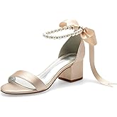 Anna's Bridal Women's Low Block Heel Sandals Chunky Ankle Strap Pearl Wedding Dress Shoes Low Heel Comfortable Pump Sandals