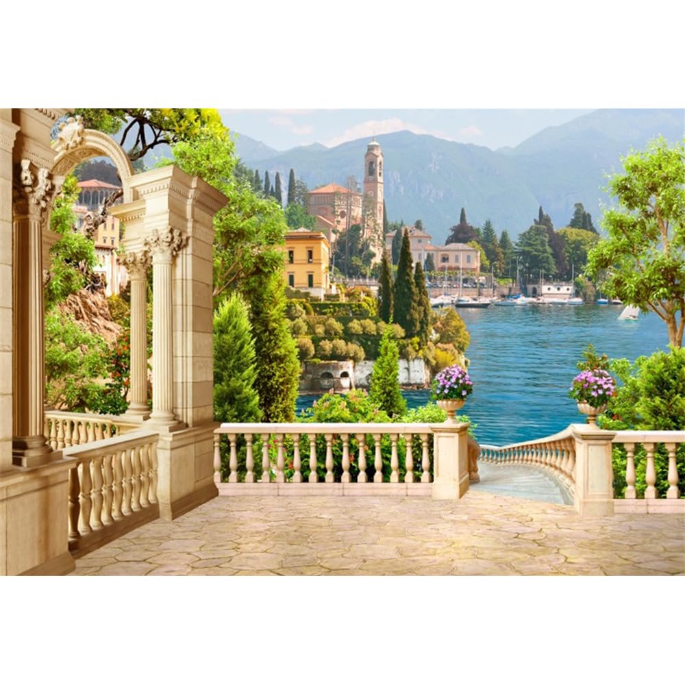 SDOTPMT 10x6.5ft Spring Urban Garden Backdrop Blue Ocean Green Mountain Retro Courtyard Theme Photography Background for Girl Bride Portrait Seascape Romantic Wedding Photo Studio Props