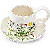 Koythin Ceramic Coffee Mugs Set with Saucer, 250ml / 8oz Cute Floral Coffee Mug Irregular Latte Art Cup, Coquette Cups for Cappuccino, Cocoa (Hand Drawn Flower Fields)