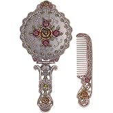 Vintage Hand Mirror Comb Set - Antique Vanity Handheld Makeup Mirror Copper | Russian Style Embossed Rose, Vanity Handheld Makeup Metal Travel Handle Portable Foldable Decorative Tabletop Stand Women