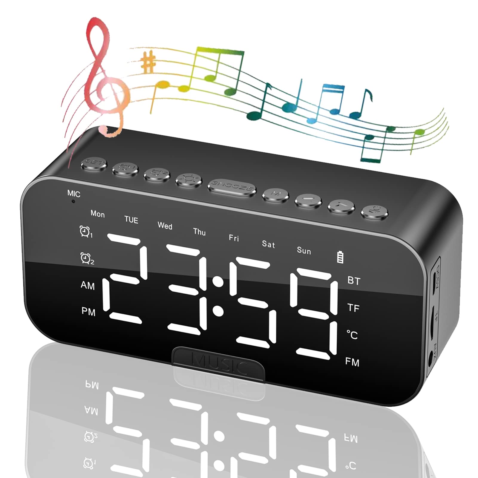 Alarm Clocks Bedside, Alarm Clock Radio with Bluetooth Speakers, Digital Alarm Clock for Bedroom, Portable Mirror Alarm with Dual Alarm, Snooze, LED Display, 3 Level Adjustable Dimmable, USB Charging