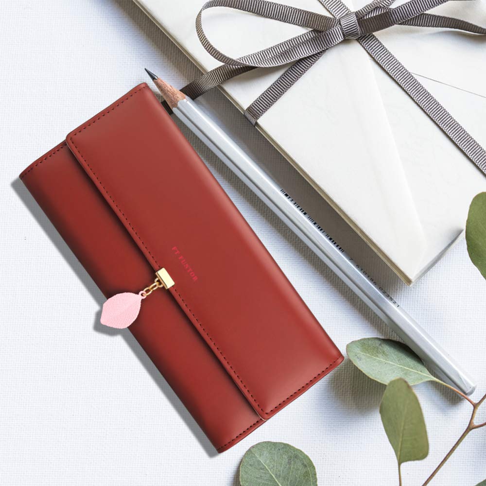 FT Funtor RFID Wallets for Women, Leaf Card Holder Trifold Ladies Wallets Coins Zipper Pocket with ID Window Large Wine Red
