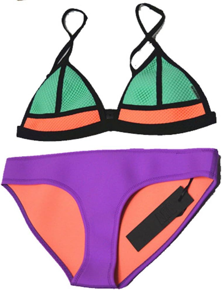 Brakinis Women's Neon Mint Orange Mesh Neoprene Swimwear Bikini Set