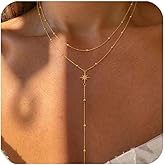 HAHALO Gold Necklace for Women - Dainty Y-Shaped Long Necklace 14k Gold Plated Pendant Necklace Trendy Layered Bead Cz Chain Drop Necklaces Simple Jewelry For Women Gift