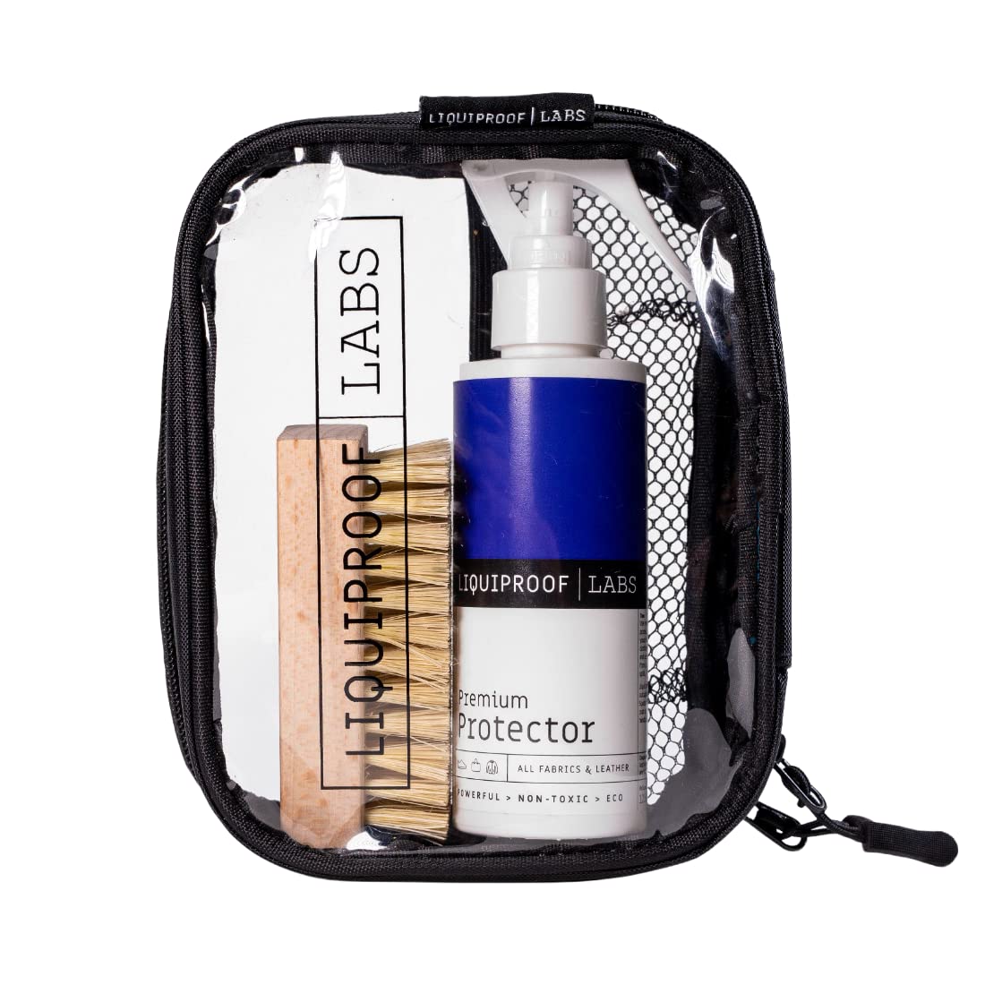 Liquiproof LABS Protector Kit 125ml with vegetable fibre brush and travel bag. Protector for leather, suede, nubuck, canvas and more. Use on shoes, boots, trainers, sneakers and fashion items