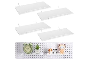 Wonderjune 4 Pcs Wooden Pegboard Shelves with Metal Pegboard Shelf Brackets Peg Board Display Storage Tray Wall Organizer Peg Board Accessories for Craft Room Home Office Kitchen (White)