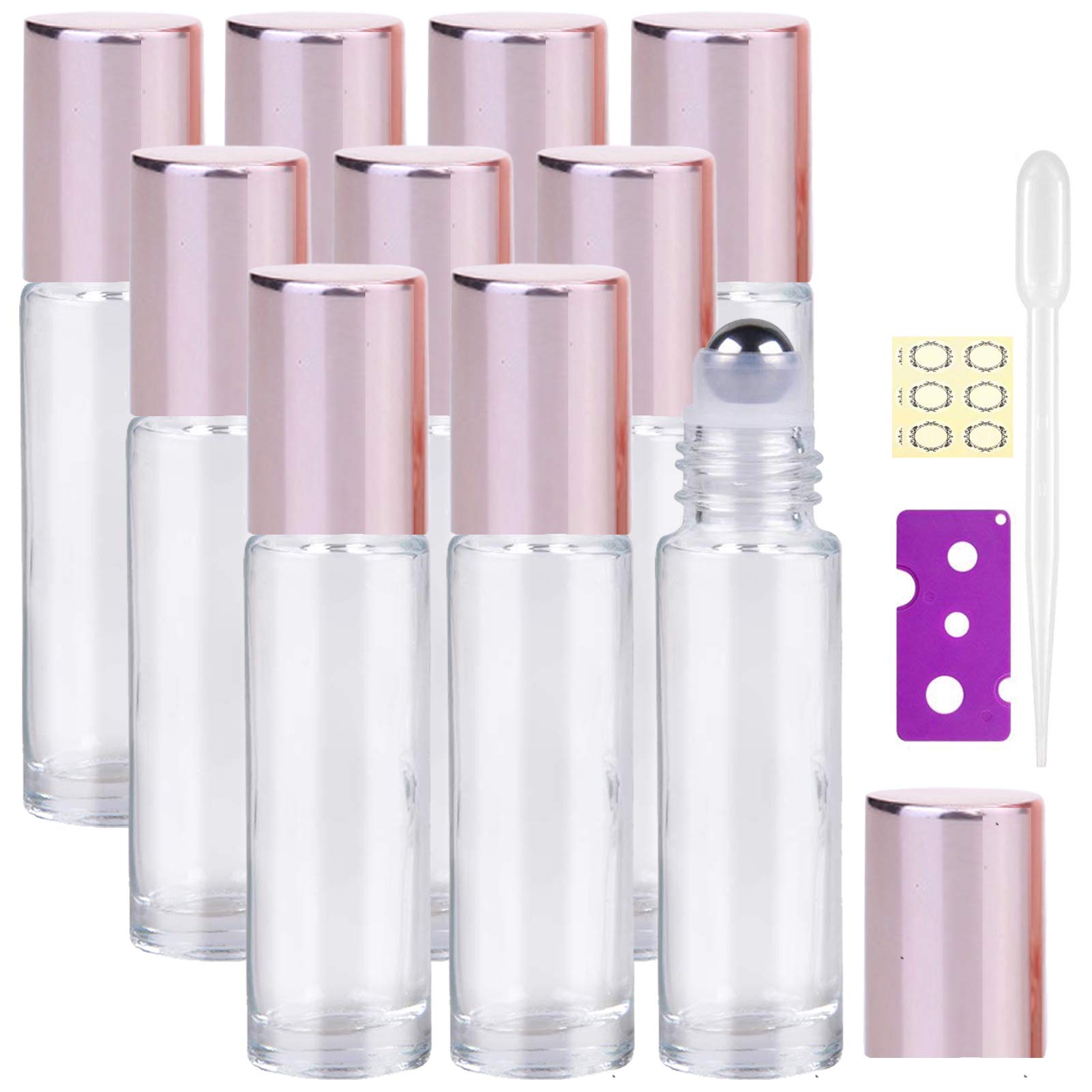 Alledomain 10Pcs, 10ml Essential Oil Roller Bottles Refillable Transparent Glass Roll on Bottle Clear Roll Bottle with Stainless Steel Balls & Rose Gold Cap, Include 12 Labels, Dropper & Opener