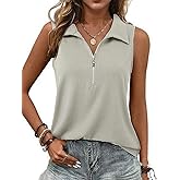 Poetsky Womens Summer Sleeveless Tank Top Zipper V Neck Collared Top Dressy Casual Ribbed Camisole Work Tank Polo Shirt