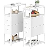 KLUVIS Narrow Nightstands Set 2 - Skinny Side Table Slim Night Stand for Small Space Bedroom Thin Bedsides Tables with 2 Drawers, White