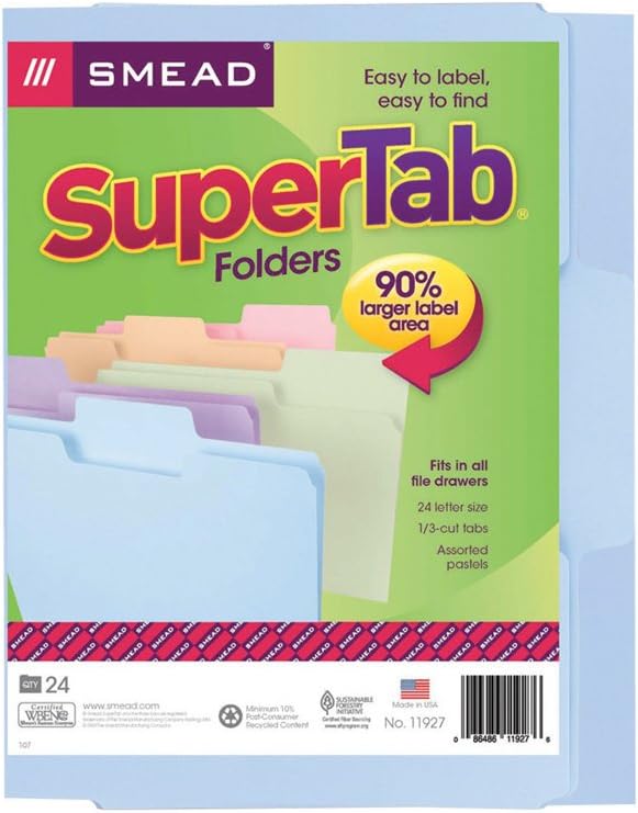 Smead SuperTab File Folder, Oversized 1/3-Cut Tab, Letter Size, Assorted Colors, 24 per Pack (11927) : Office Products