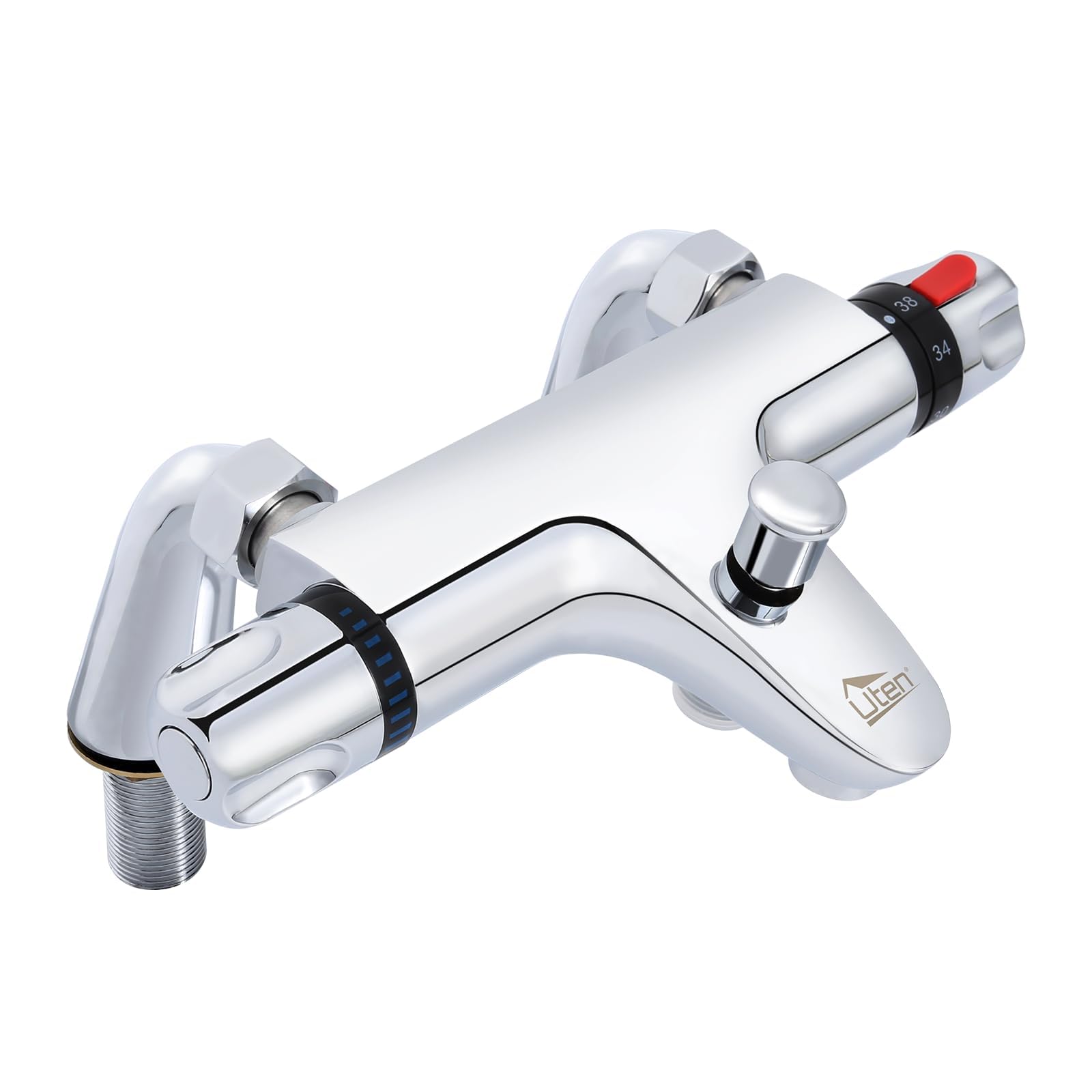 Chrome Thermostatic Bath Shower Mixer, Uten 38°C Safety Lock Anti-Scald, Thermostatic Shower Valve with Bath Filler Spout, Chrome Modern Mixer Tap Style