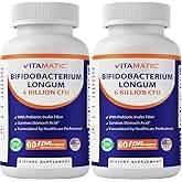 Vitamatic Bifidobacterium Longum 6 Billion CFU per DR Capsule - 60 Count - Promotes Intestinal Health - Made with Prebiotic Inulin Fiber- 2 Pack