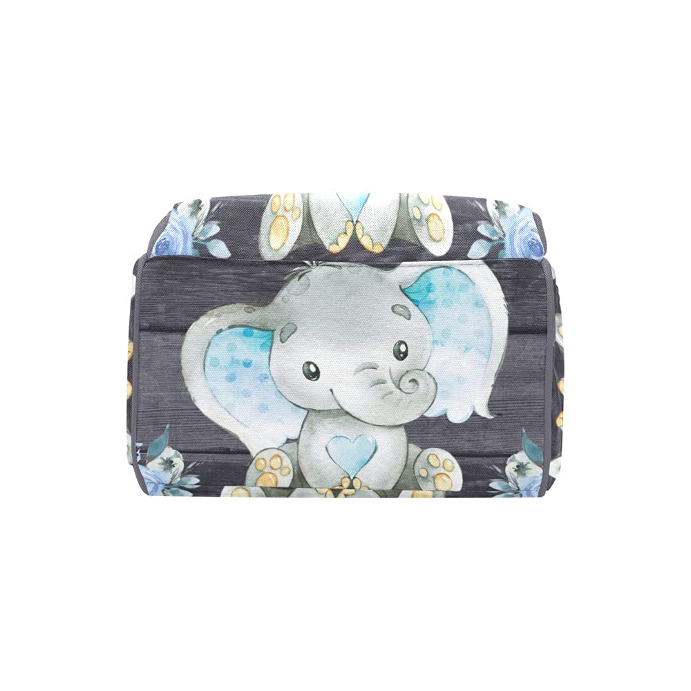 Personalized Cute Blue Elephant Floral Diaper Backpack with Name Text Large Capacity Custom Multi-Function Bag Unisex Travel Backpack for Mom Dad Boy Girl, 10.83 in L x 6.69 in W x 15 in H