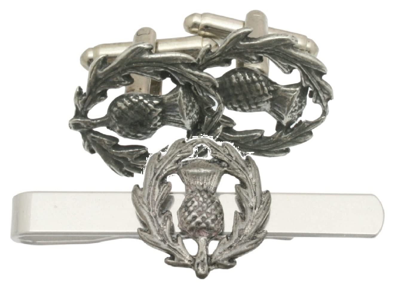 Scottish Thistle Cufflinks and Tie Bar Slide Gift Boxed Set 370