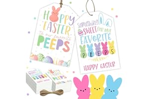 CMUSKO Easter Tags with String-50Pcs Easter Paper Tags Easter Bunny Decorations Happy Easter Gift Tags Spring Rabbit Hanging Name Labels Party Supplies