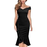 Knitee Women's Off Shoulder V-Neck Ruffle Pleat Waist Bodycon Evening Cocktail Slit Formal Dress