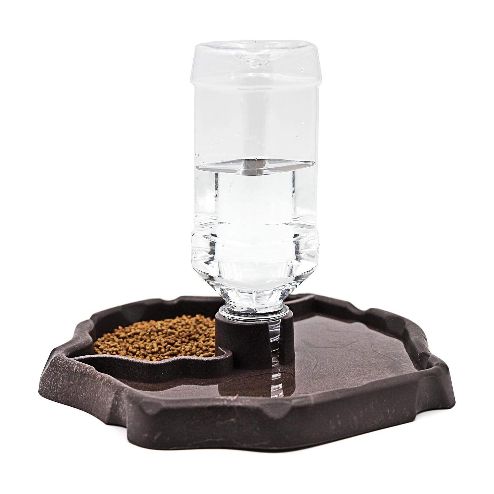 QIODAZOO Bowls for Reptiles Amphibians, Tortoise Accessories 2 IN 1 Reptile Feeding Dish Automatic Dispenser Tortoise Water Dish, Dark Brown