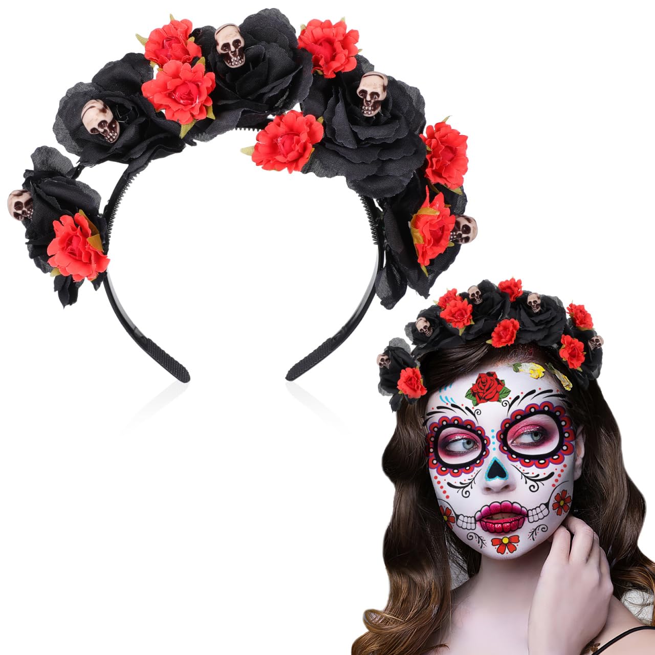 minkissy Day Of The Dead Headband Mexican Skull Crown Hair Hoop Cosplay Party Headwear Halloween Headpiece Costume for Women Girls Ladies