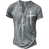 lozhacloo Mens Christian Graphic Henley Shirts Vintage Short Sleeve Tee Shirts Casual Button Down Washed T-Shirts for Men Gray Small