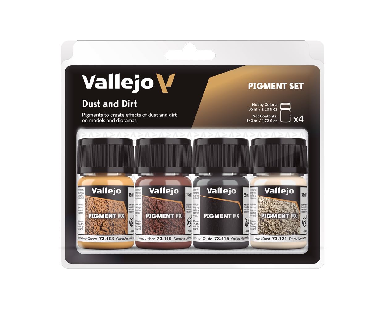 Vallejo Pigment FX Set, 4 Synthetic Pigments 35 ml for Dust and Dirt Effects, Ideal for Models and Dioramas, Includes Tutorial for Realistic Weathering Techniques