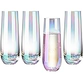 MyGift 9 oz Modern Champagne Flute Set of 4, Iridescent Sparkling Wine Stemless, Rainbow Transparent Prosecco Wine, Cocktail Mimosa Set, Holiday New Year Toasting